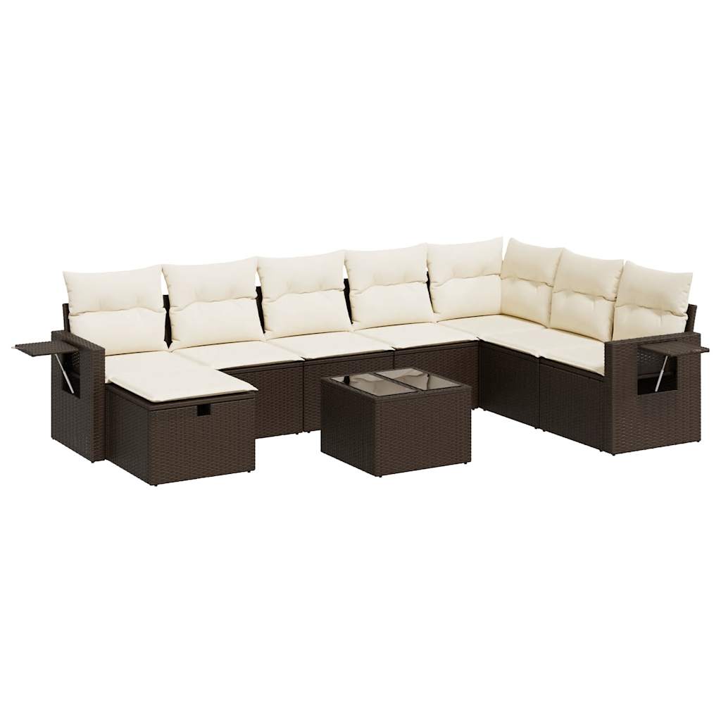 9-delige Loungeset met kussens poly rattan bruin