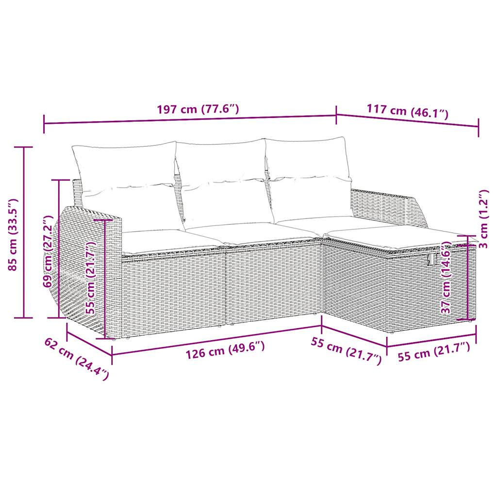 4-delige Loungeset met kussens poly rattan beige