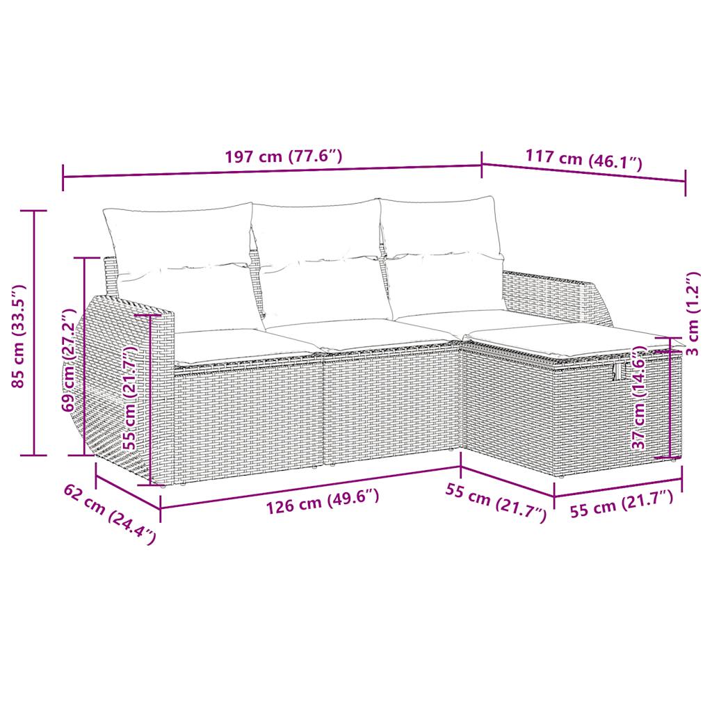 4-delige Loungeset met kussens poly rattan grijs