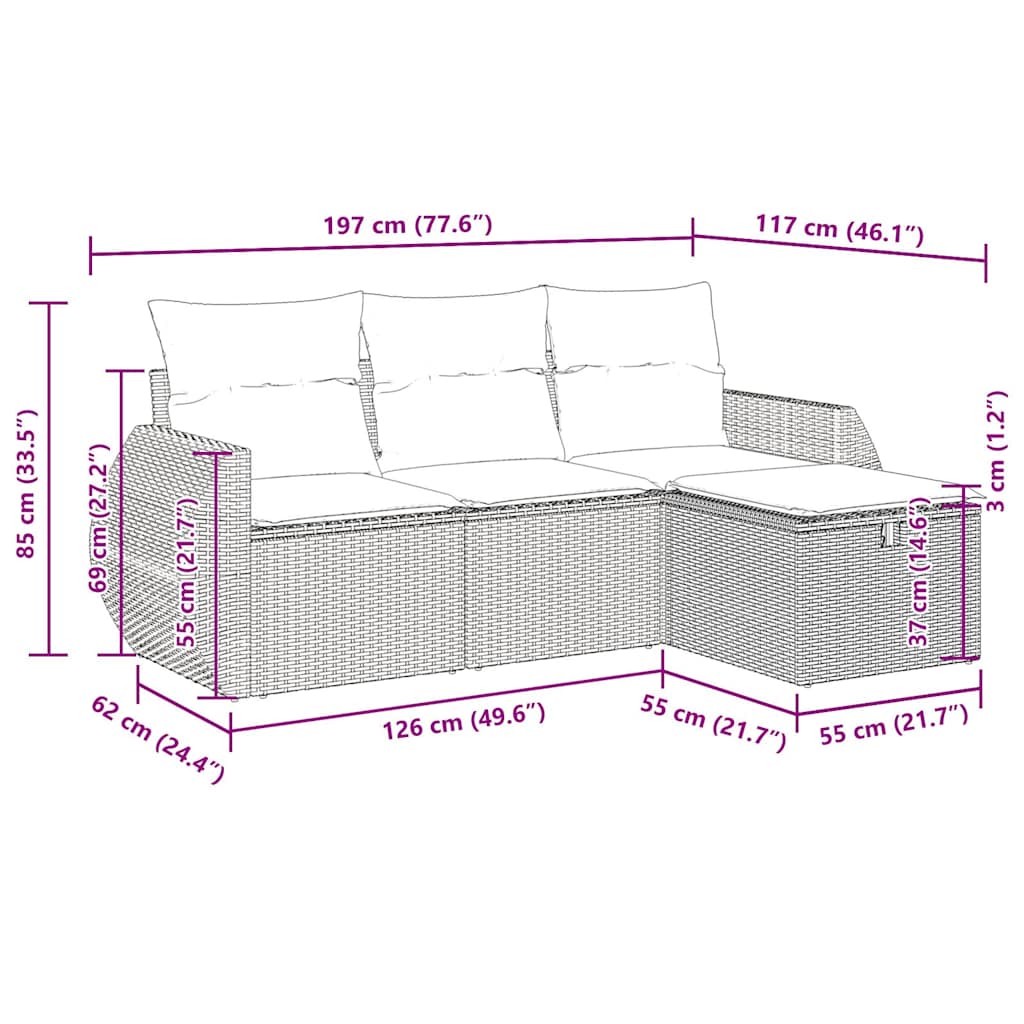 4-delige Loungeset met kussens poly rattan bruin