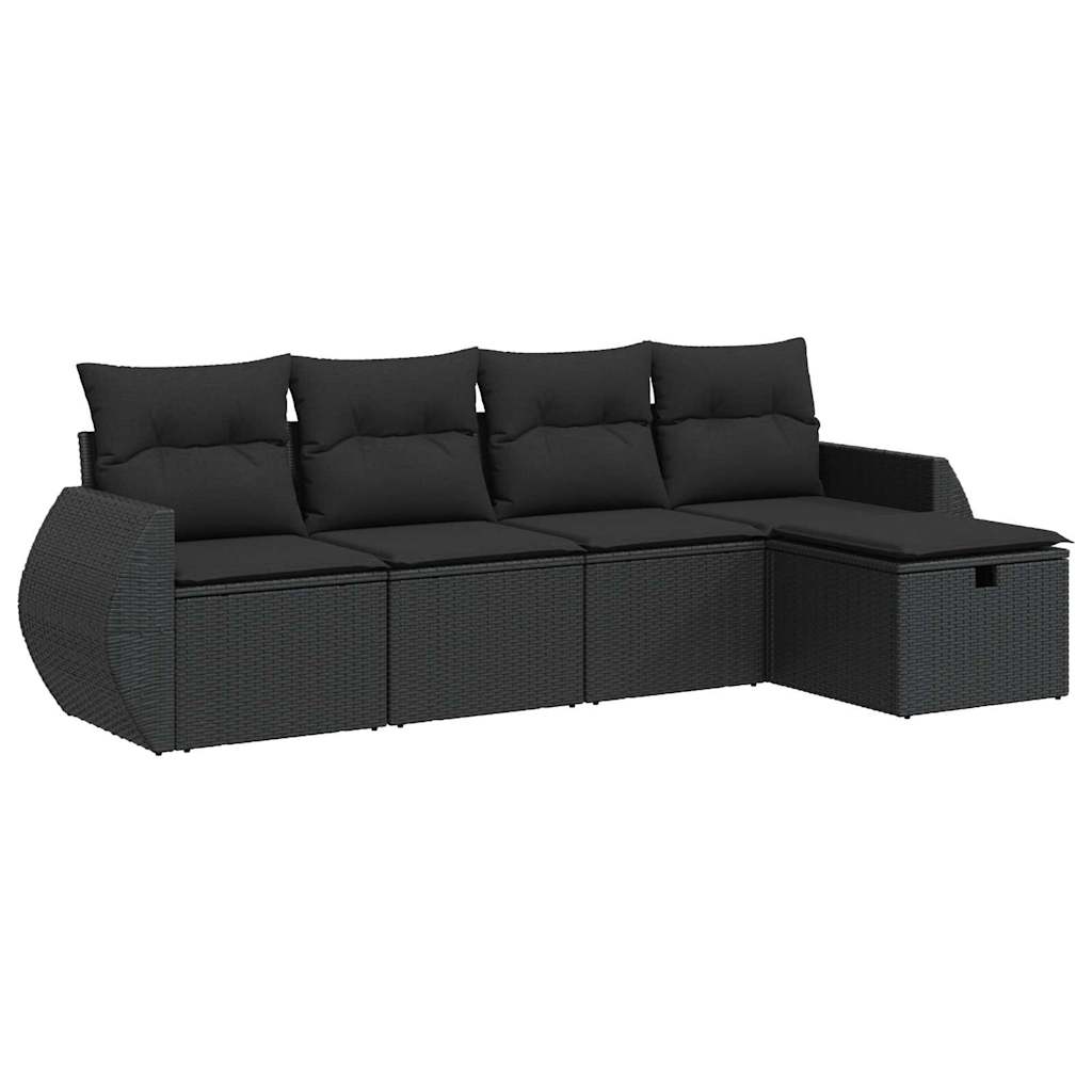 5-delige Loungeset met kussens poly rattan zwart