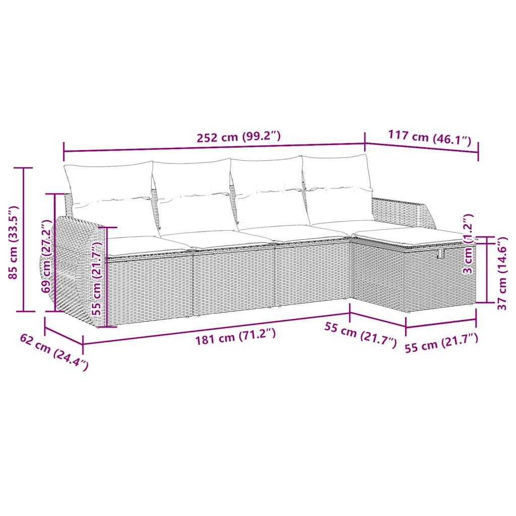 5-delige Loungeset met kussens poly rattan zwart