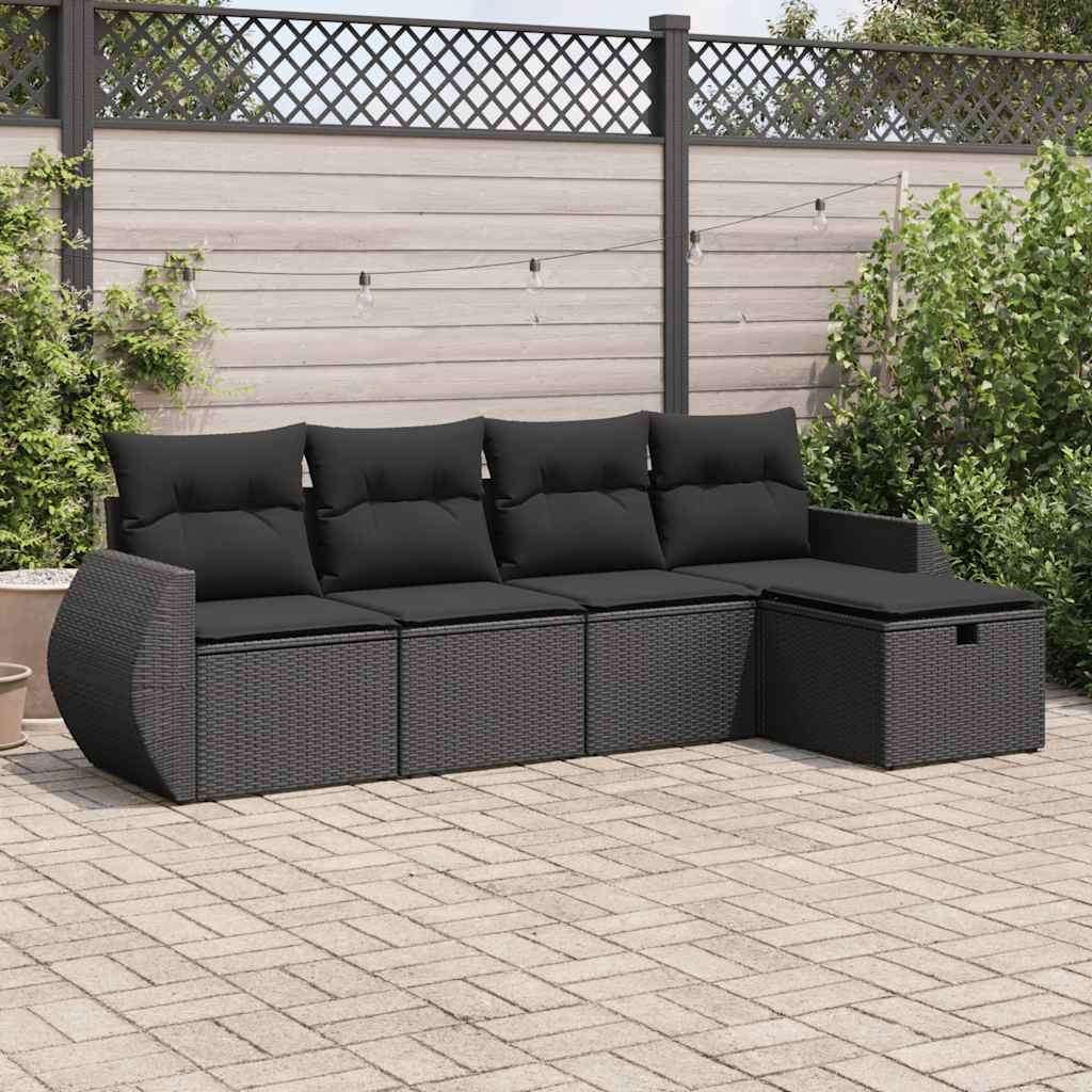 5-delige Loungeset met kussens poly rattan zwart