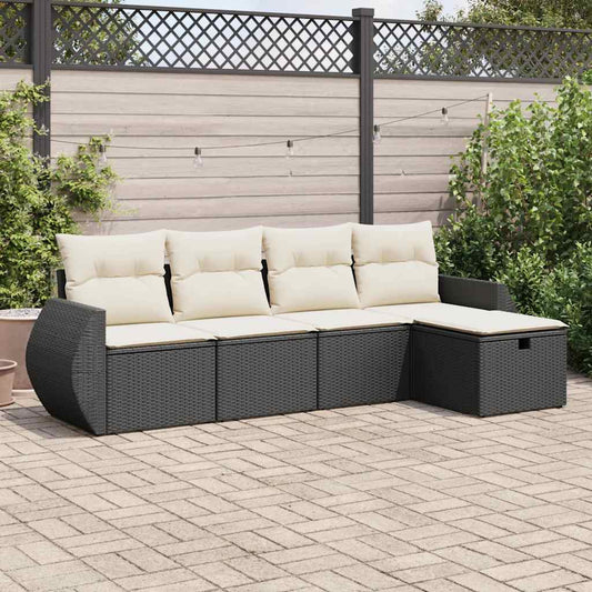 5-delige Loungeset met kussens poly rattan zwart