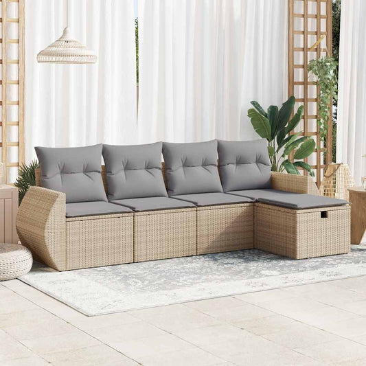 5-delige Loungeset met kussens poly rattan beige