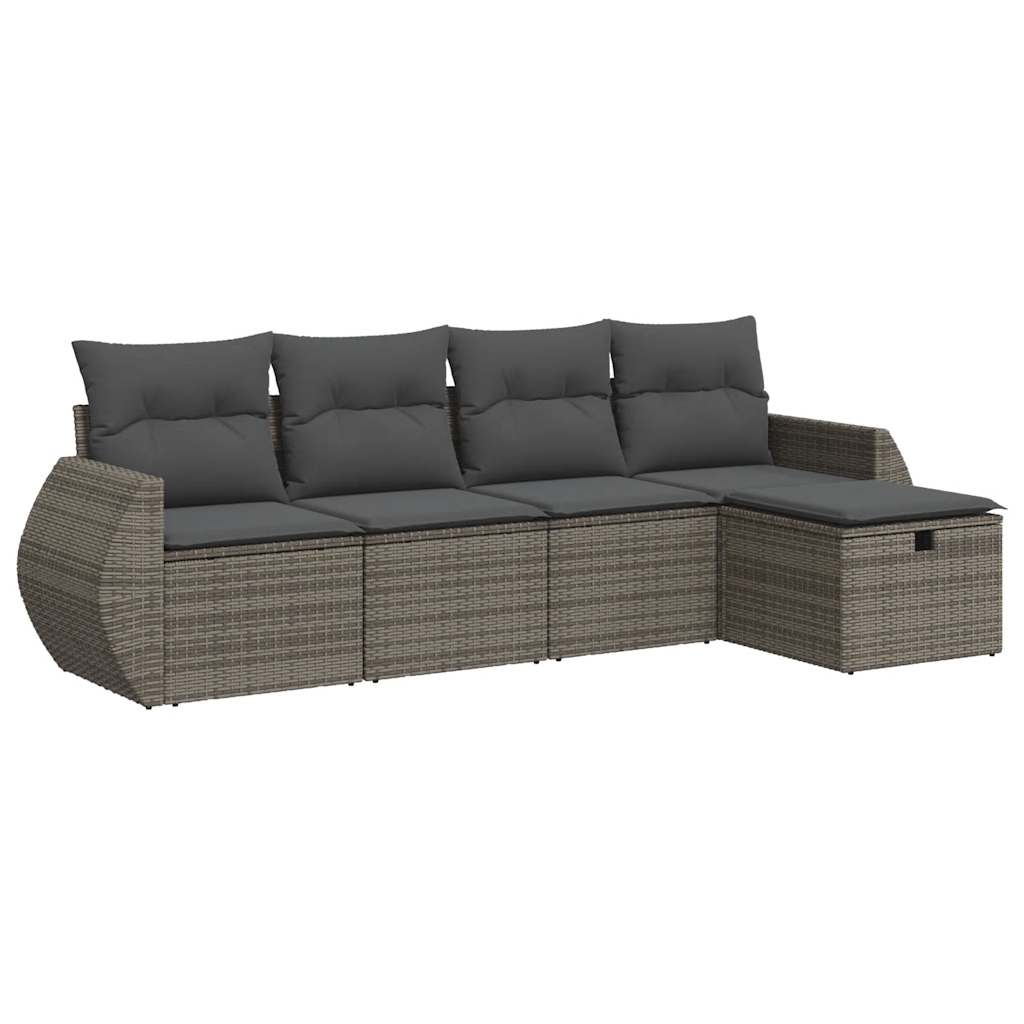 5-delige Loungeset met kussens poly rattan grijs