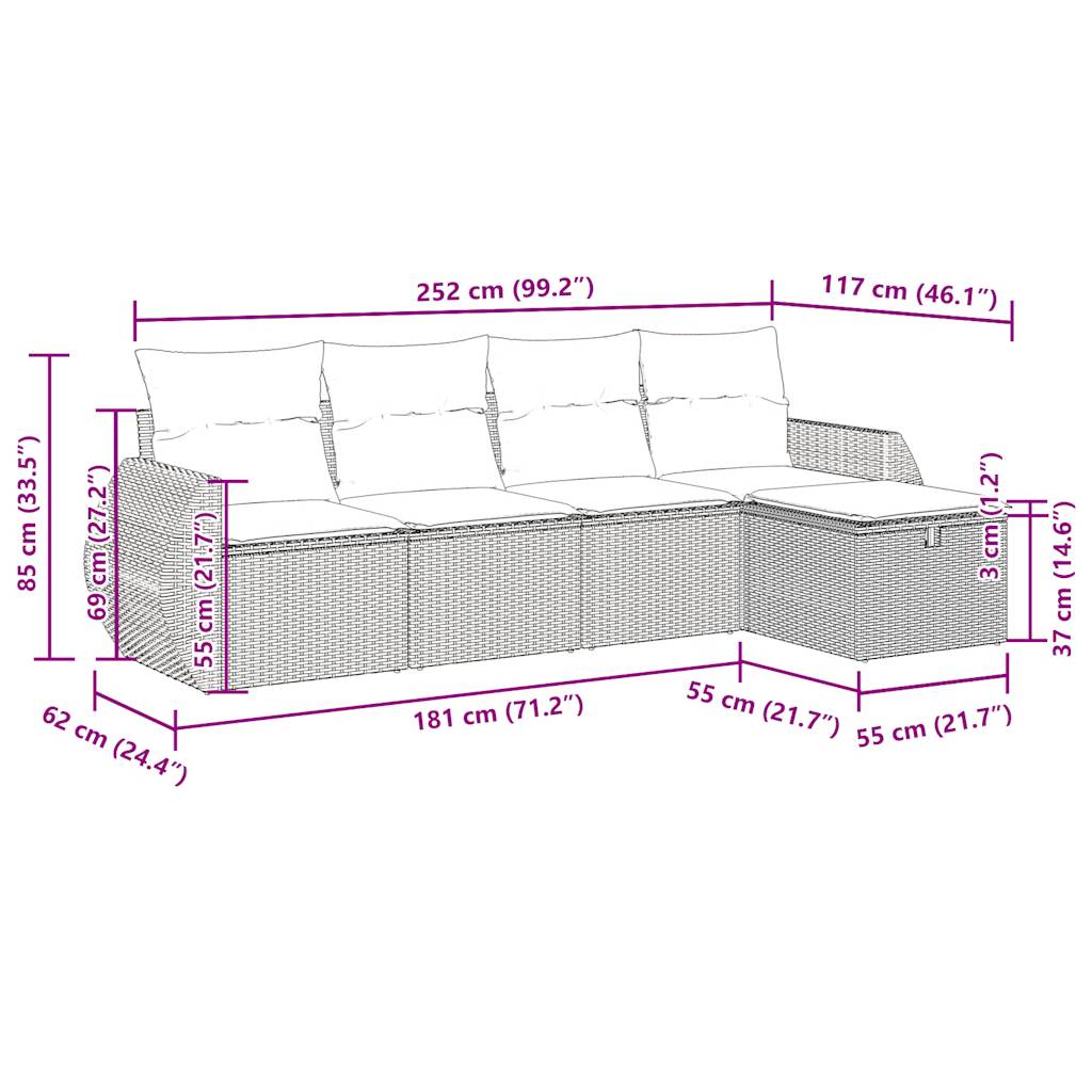 5-delige Loungeset met kussens poly rattan grijs