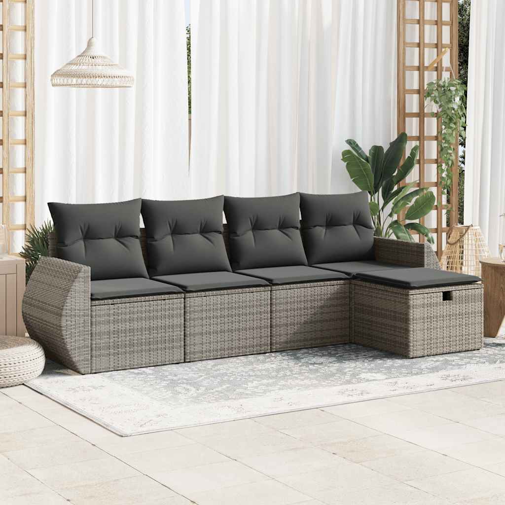 5-delige Loungeset met kussens poly rattan grijs