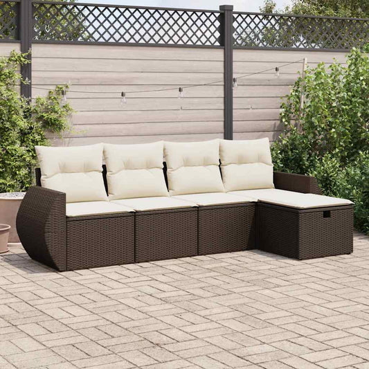 5-delige Loungeset met kussens poly rattan bruin