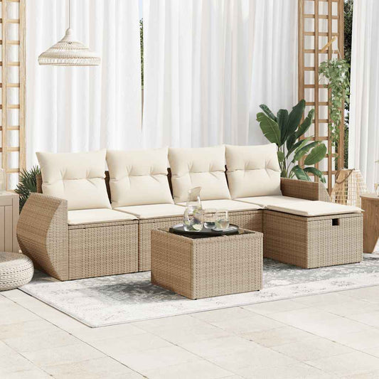 6-delige Loungeset met kussens poly rattan beige