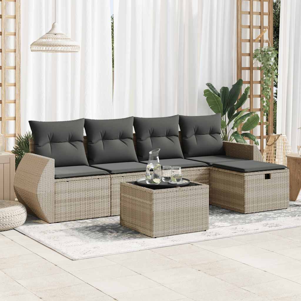 6-delige Loungeset met kussens poly rattan lichtgrijs