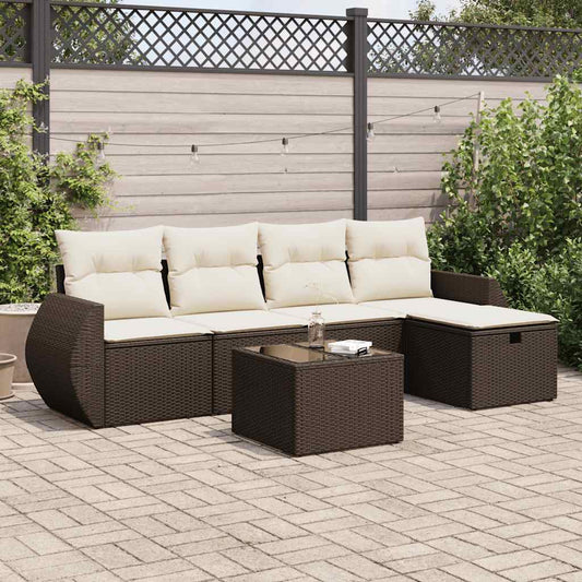 6-delige Loungeset met kussens poly rattan bruin