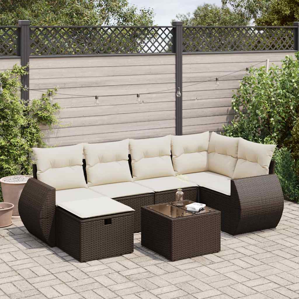 7-delige Loungeset met kussens poly rattan bruin