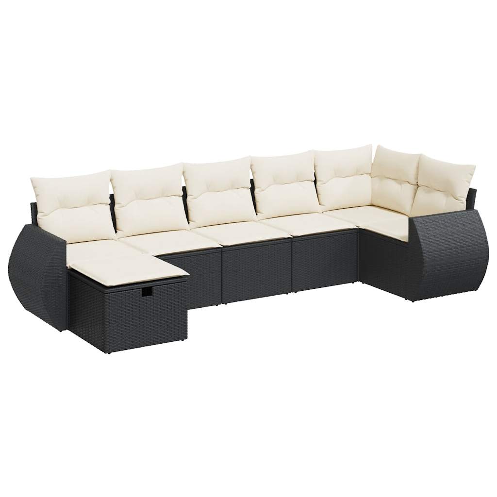 7-delige Loungeset met kussens poly rattan zwart