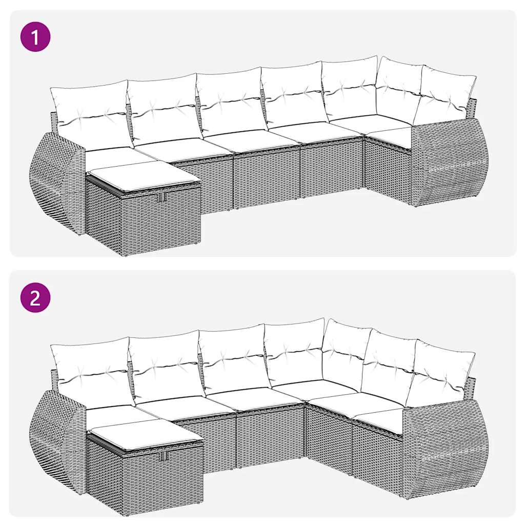 7-delige Loungeset met kussens poly rattan zwart