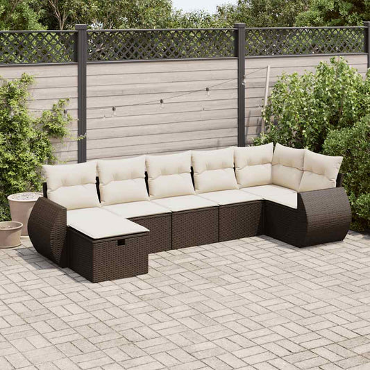 7-delige Loungeset met kussens poly rattan bruin