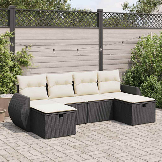 6-delige Loungeset met kussens poly rattan zwart