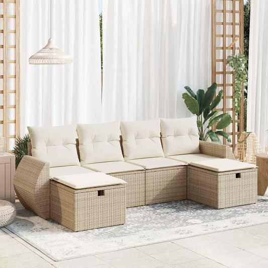 6-delige Loungeset met kussens poly rattan beige