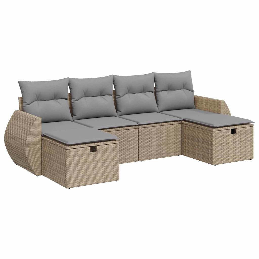 6-delige Loungeset met kussens poly rattan beige