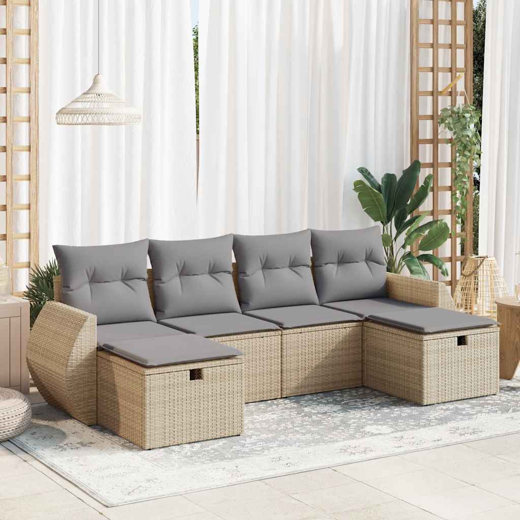 6-delige Loungeset met kussens poly rattan beige