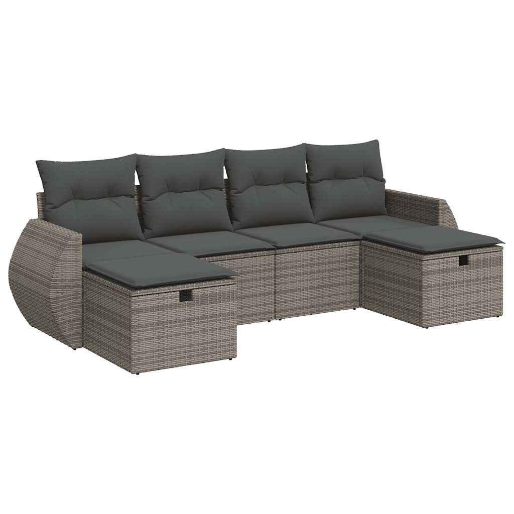 6-delige Loungeset met kussens poly rattan grijs