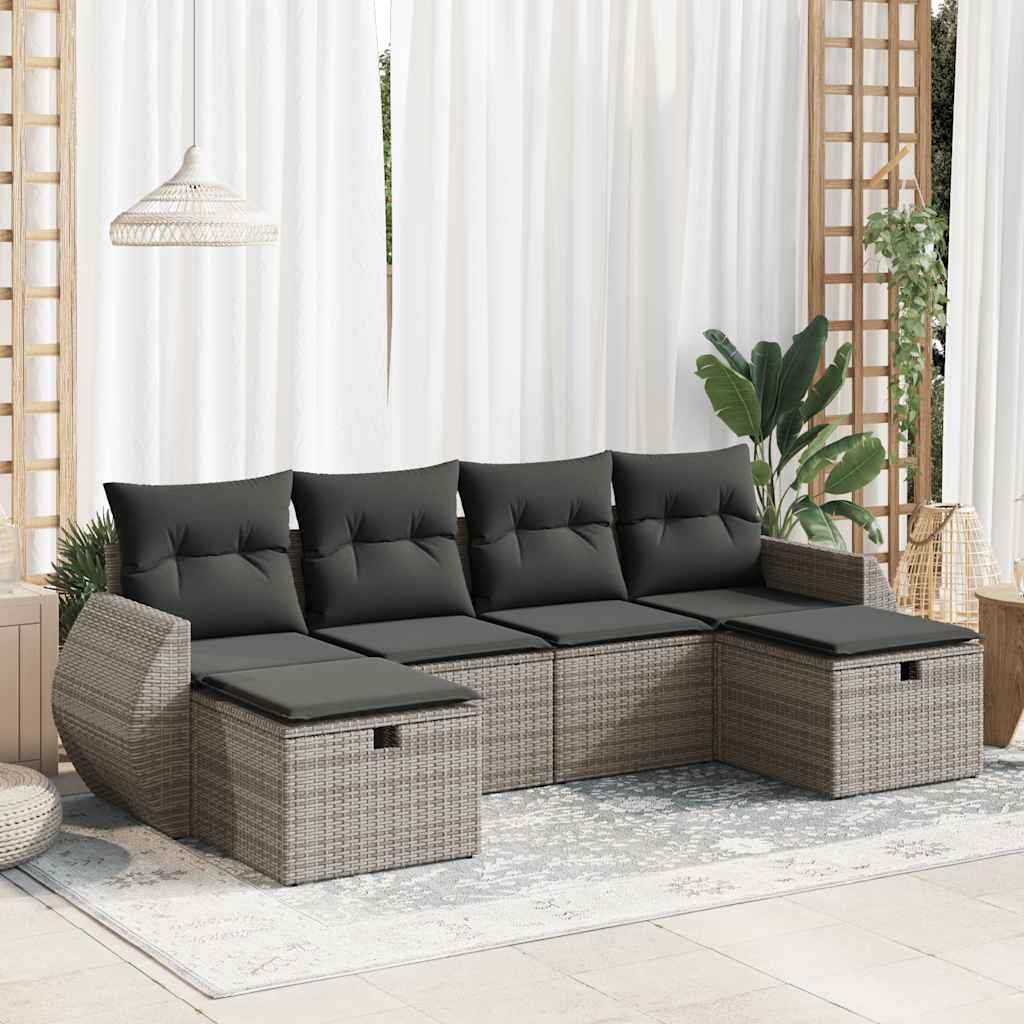 6-delige Loungeset met kussens poly rattan grijs