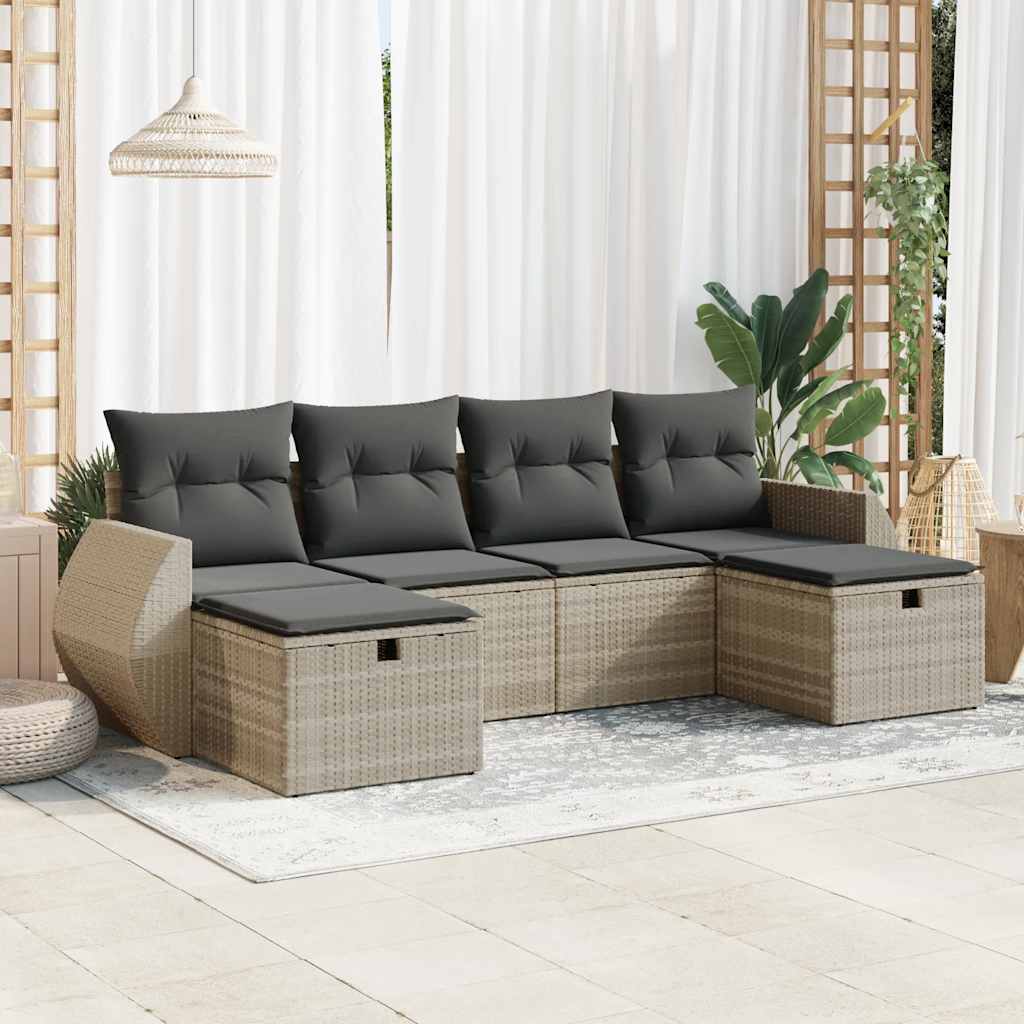 6-delige Loungeset met kussens poly rattan lichtgrijs