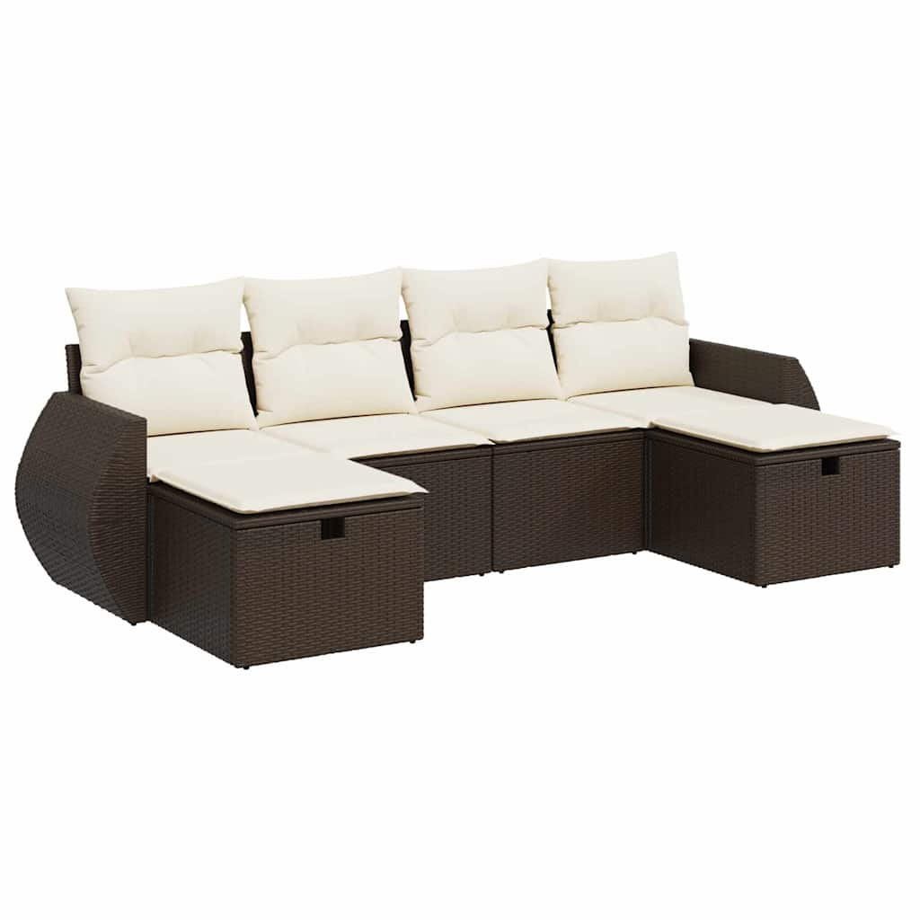 6-delige Loungeset met kussens poly rattan bruin