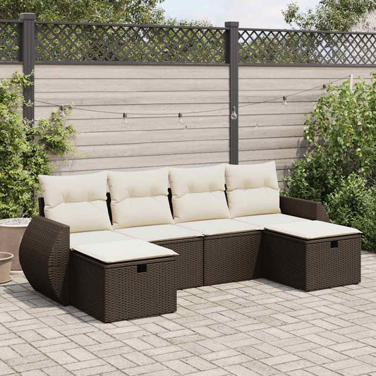 6-delige Loungeset met kussens poly rattan bruin