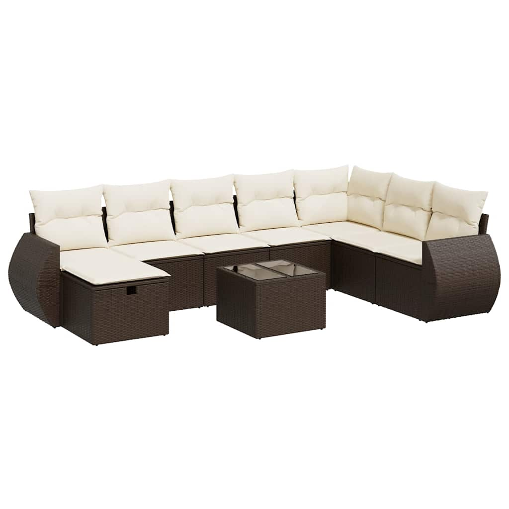 9-delige Loungeset met kussens poly rattan bruin