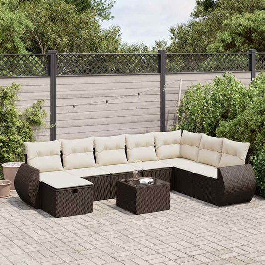 9-delige Loungeset met kussens poly rattan bruin