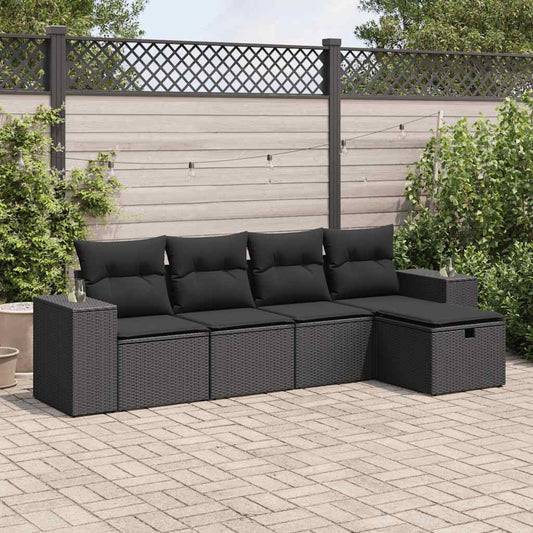 5-delige Loungeset met kussens poly rattan zwart