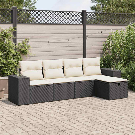 5-delige Loungeset met kussens poly rattan zwart