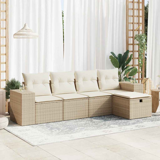 5-delige Loungeset met kussens poly rattan beige