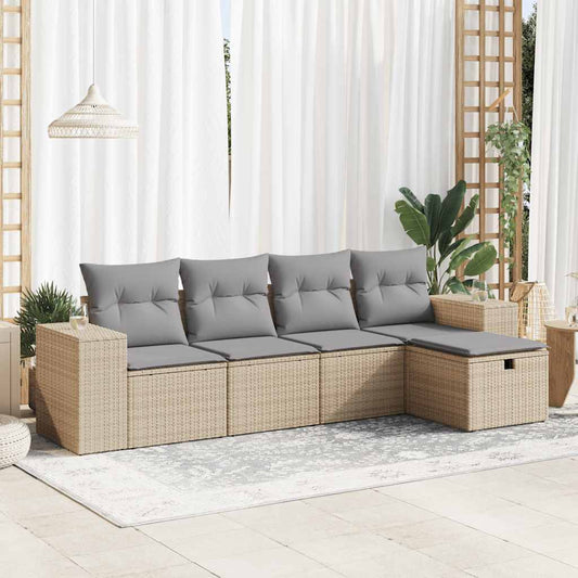 5-delige Loungeset met kussens poly rattan beige