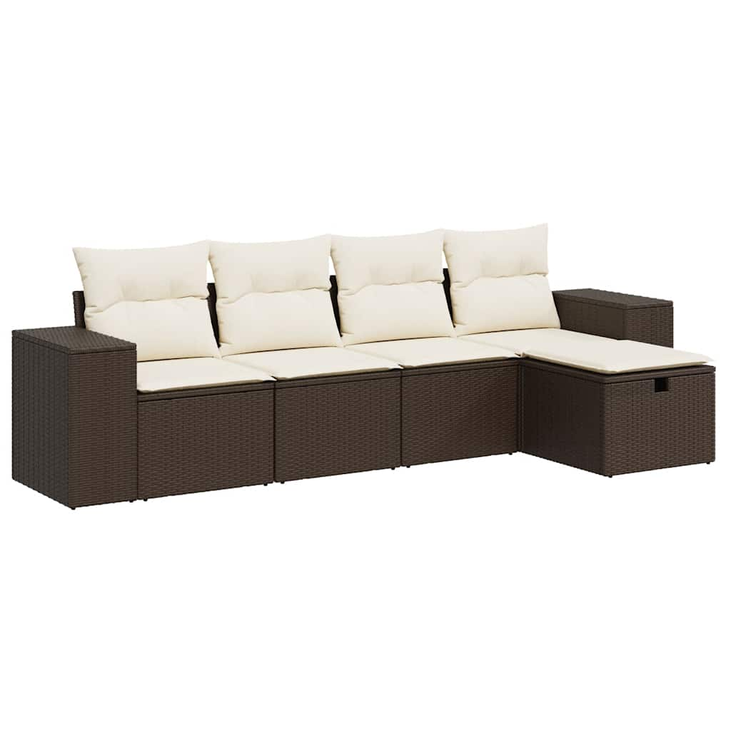 5-delige Loungeset met kussens poly rattan bruin