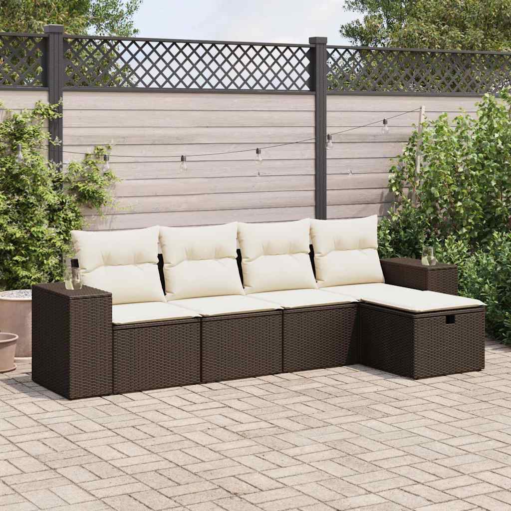 5-delige Loungeset met kussens poly rattan bruin