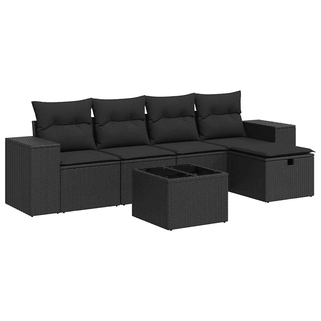 6-delige Loungeset met kussens poly rattan zwart