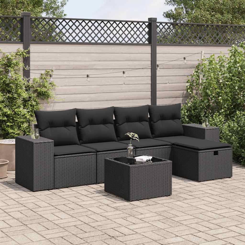 6-delige Loungeset met kussens poly rattan zwart