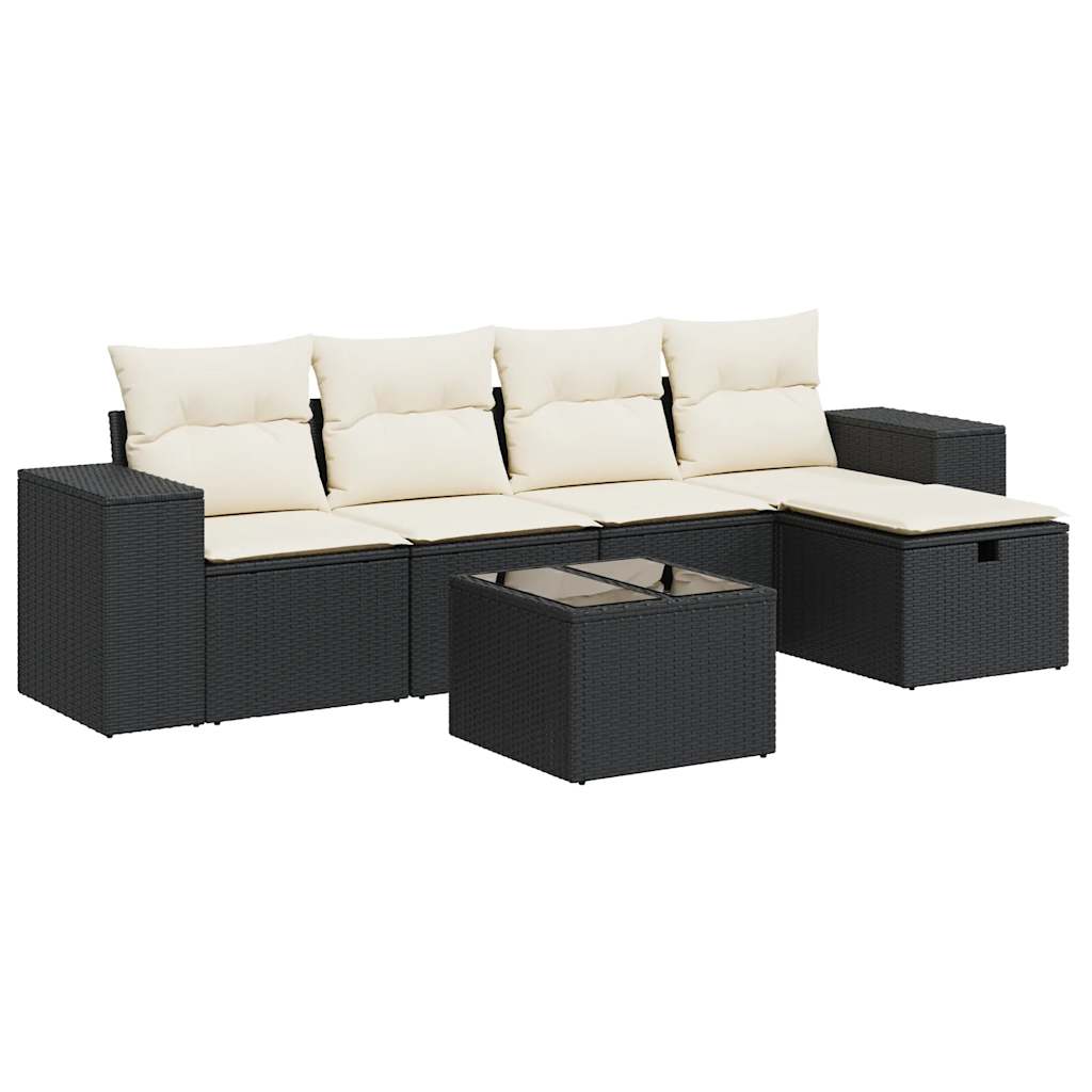 6-delige Loungeset met kussens poly rattan zwart