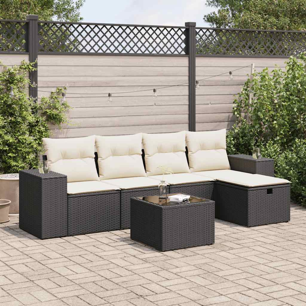 6-delige Loungeset met kussens poly rattan zwart