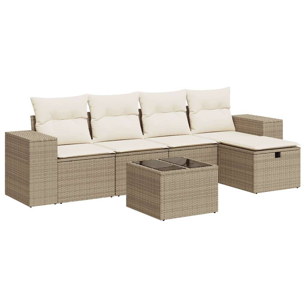 6-delige Loungeset met kussens poly rattan beige