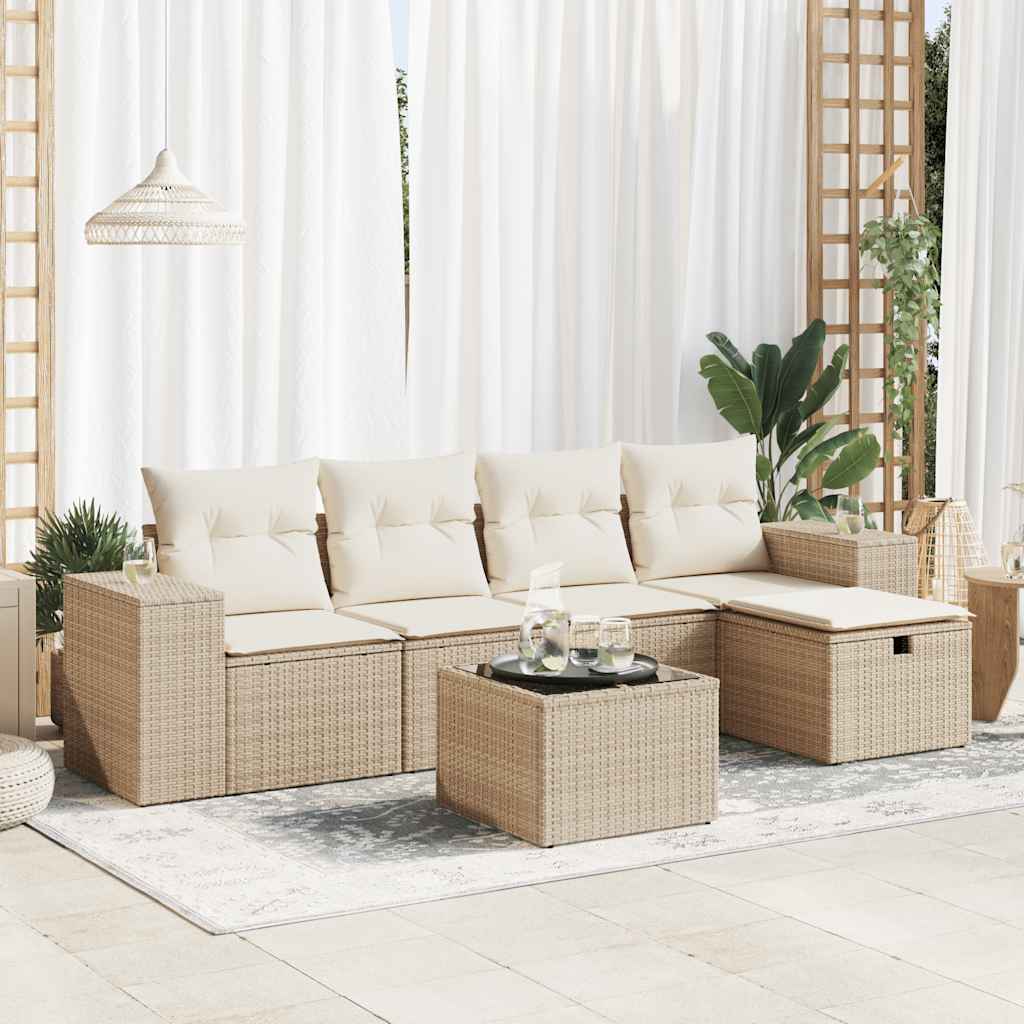 6-delige Loungeset met kussens poly rattan beige