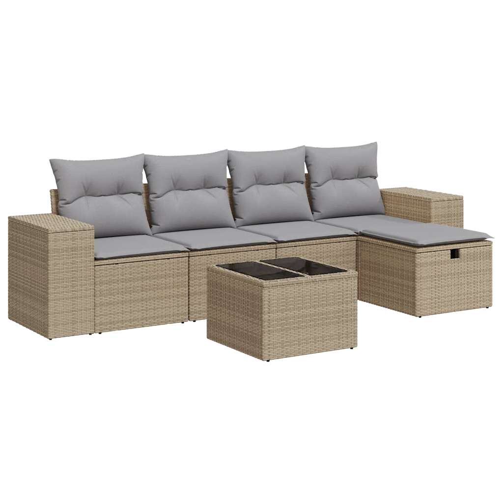 6-delige Loungeset met kussens poly rattan beige