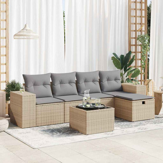 6-delige Loungeset met kussens poly rattan beige