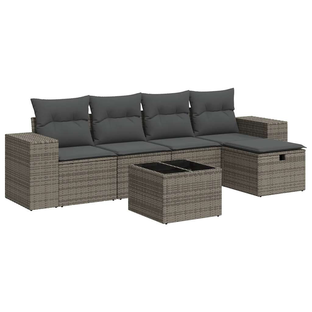 6-delige Loungeset met kussens poly rattan grijs