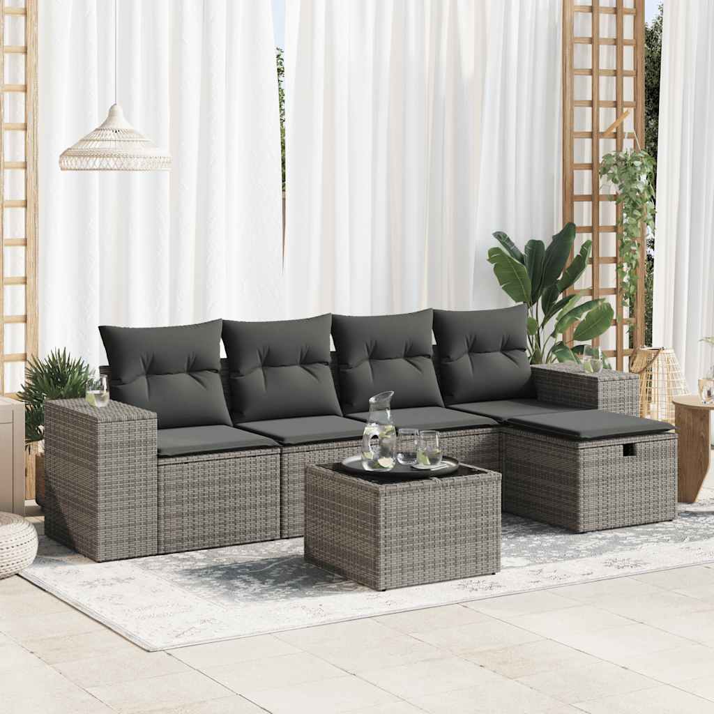 6-delige Loungeset met kussens poly rattan grijs