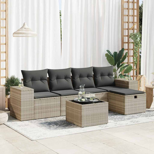 6-delige Loungeset met kussens poly rattan lichtgrijs