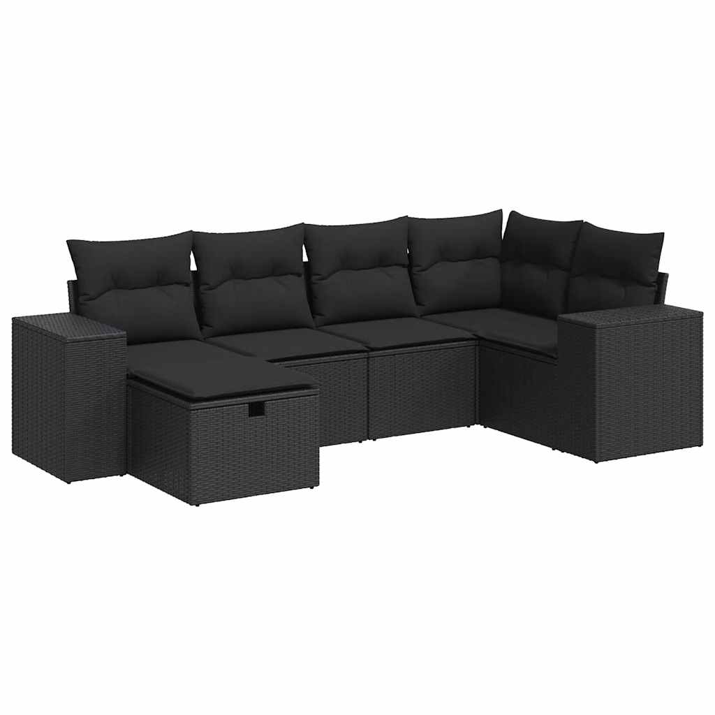 6-delige Loungeset met kussens poly rattan zwart