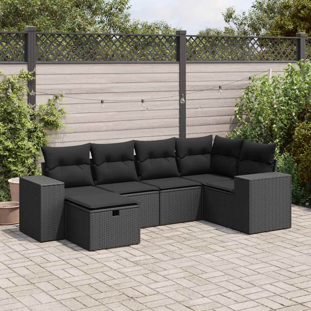 6-delige Loungeset met kussens poly rattan zwart